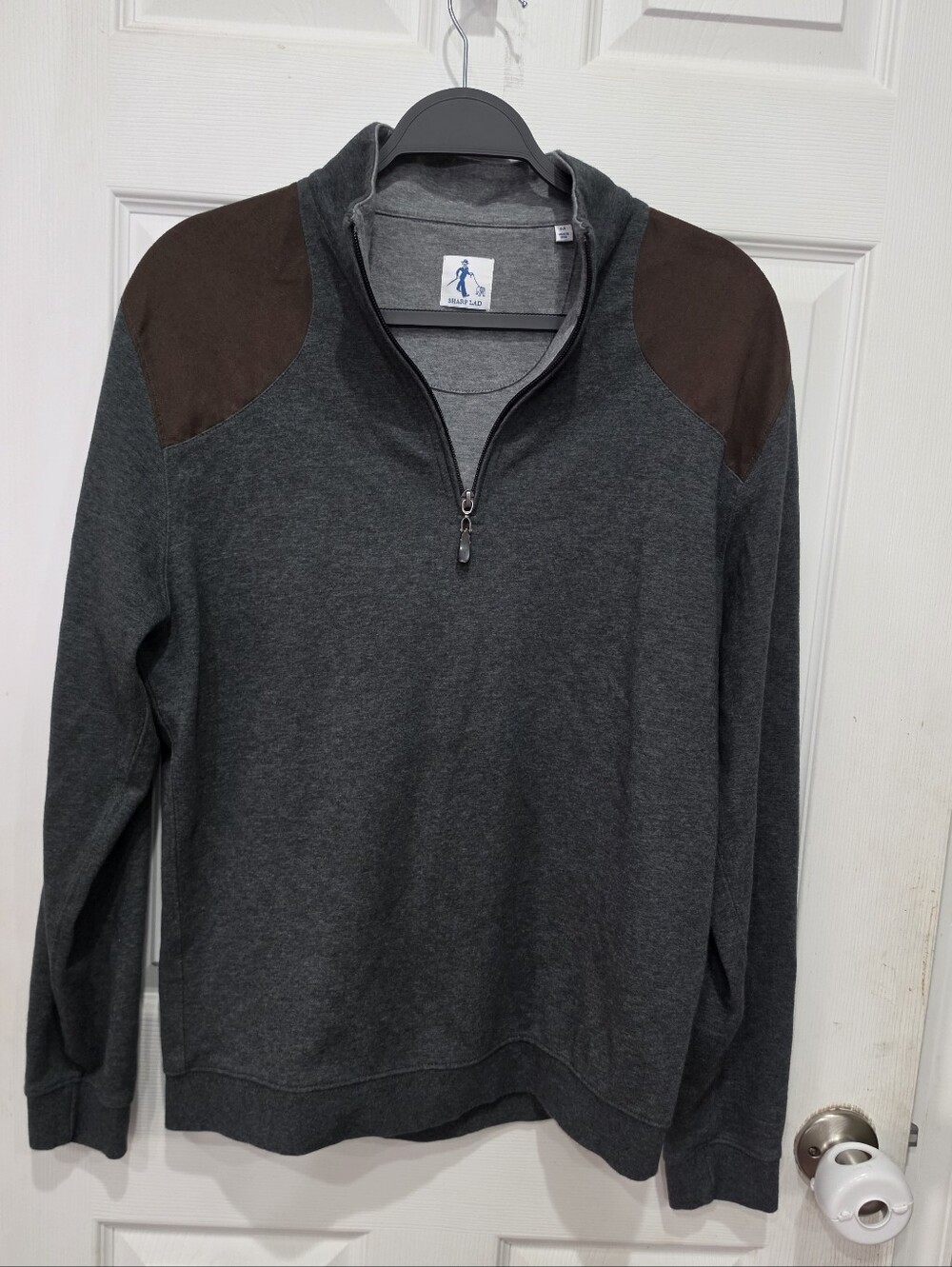 Sharp Lad Gray Quarter Zip Pullover Sweater Brown Suede Trim Men's Size Medium
